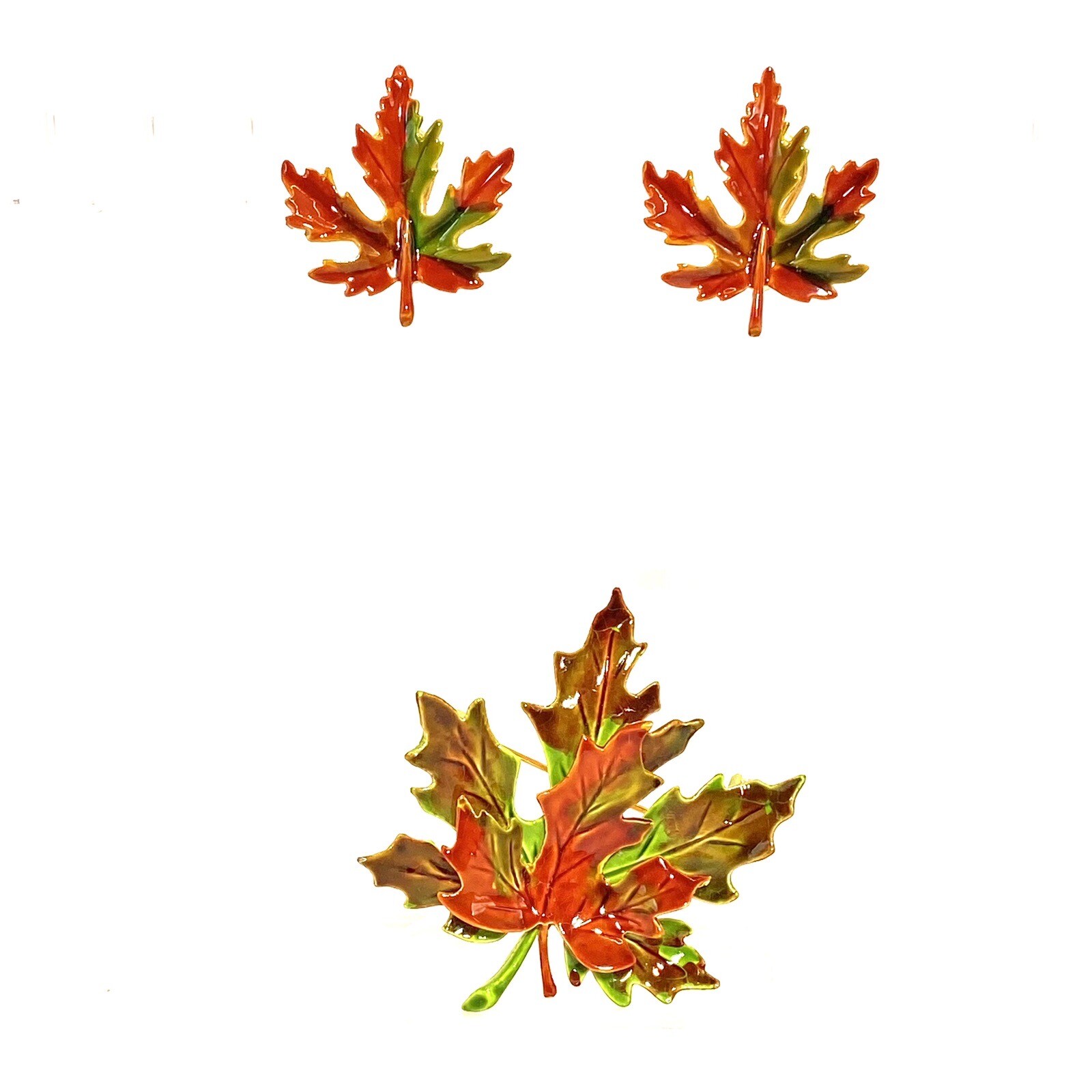 Vtg GoldTone Unmarked Brooch ClipOn Earrings 3D Fall Colors Leaves Unique Rare C