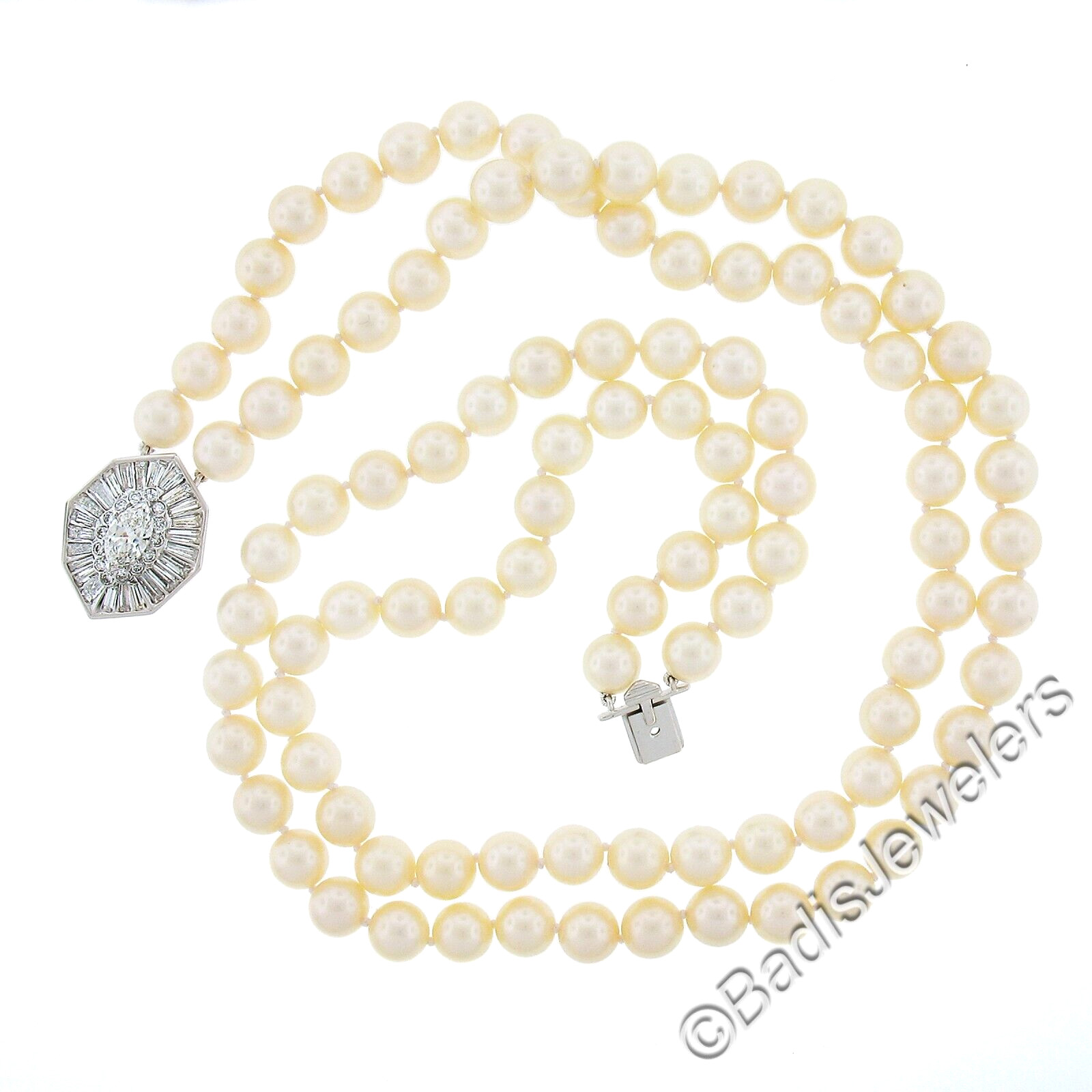 18k White Gold Dual Strand 8-8.5mm Pearl Necklace w/ GIA 3.68ctw Diamond Clasp