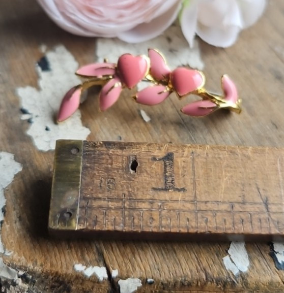 Vintage Pink Enamel Hearts and Leaves Branch Brooch Pin Branch Dusty Rose