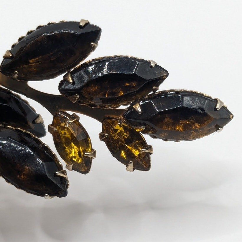 Vintage Large Amber and Yellow AB Glass Rhinestone Gold Tone Flower Brooch 4in
