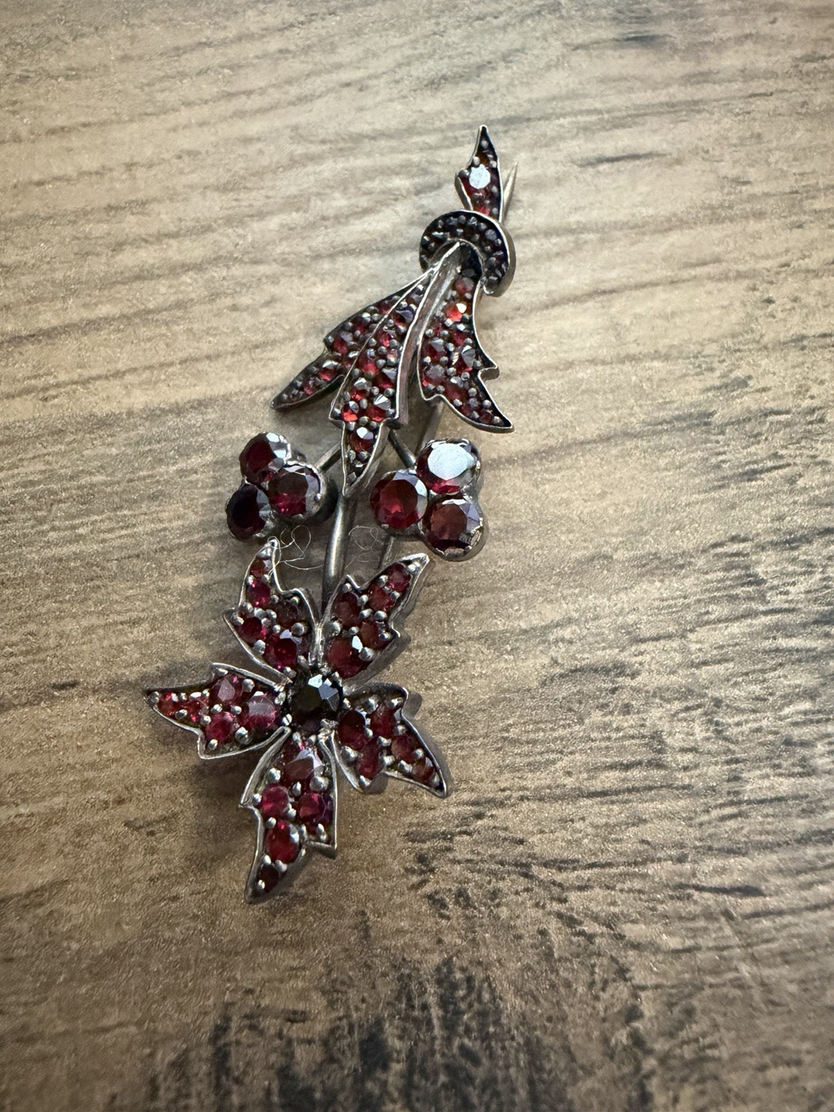 Antique Bohemian Garnet Flower Brooch Victorian Rose Cut Czech Pin