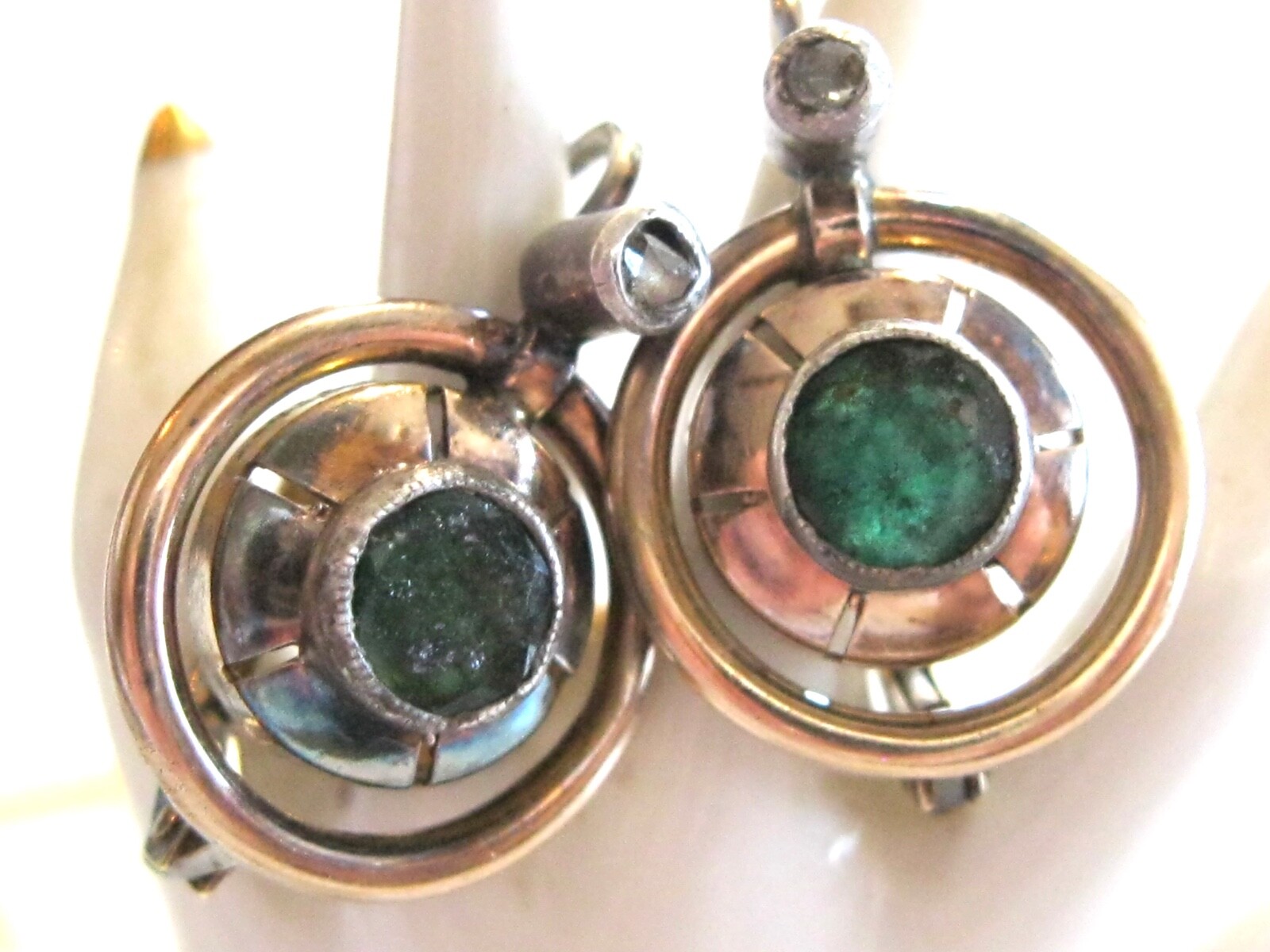 ANTIQUE CIRCULAR EMERALD AND ROSE CUT DIAMOND LEVER BACK GOLD EARRINGS 14K GOLD