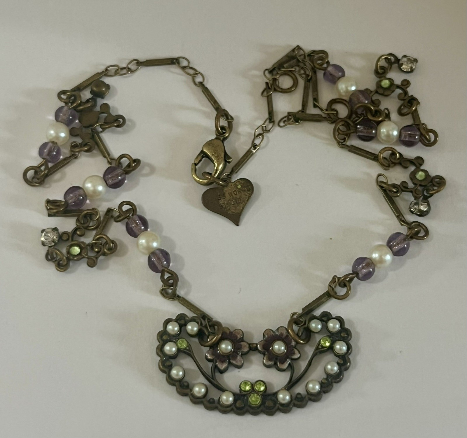 Glass Works Studio Signed Necklace Vintage Hang Tag Flowers Enamel Faux Pearl