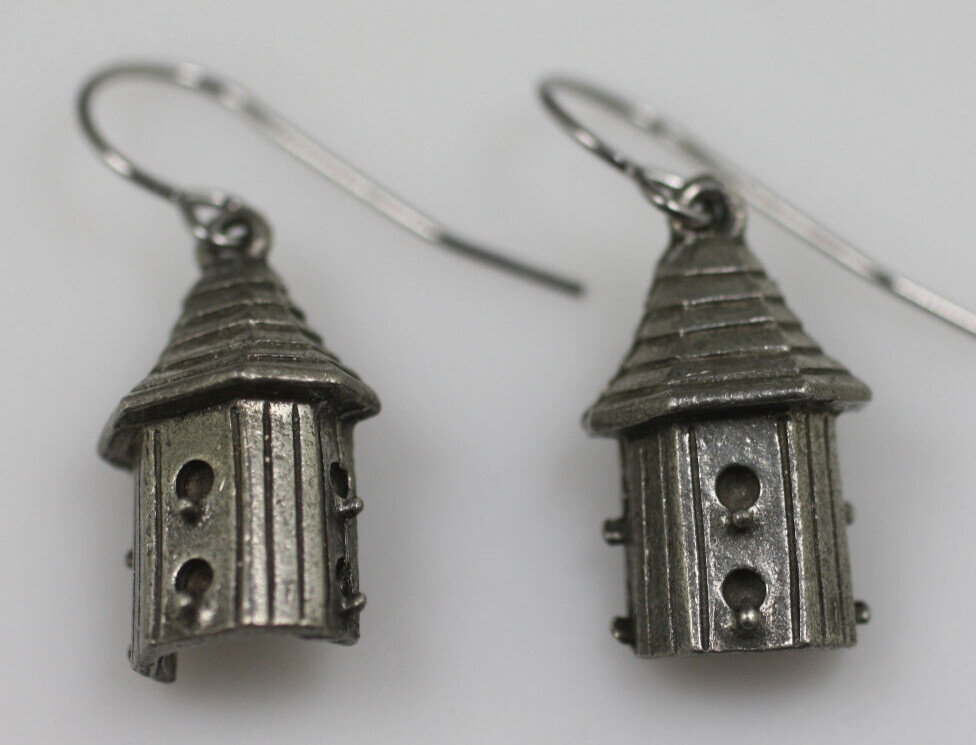 Vintage Clift bird house pewter Dangle Drop hook pierced Earrings