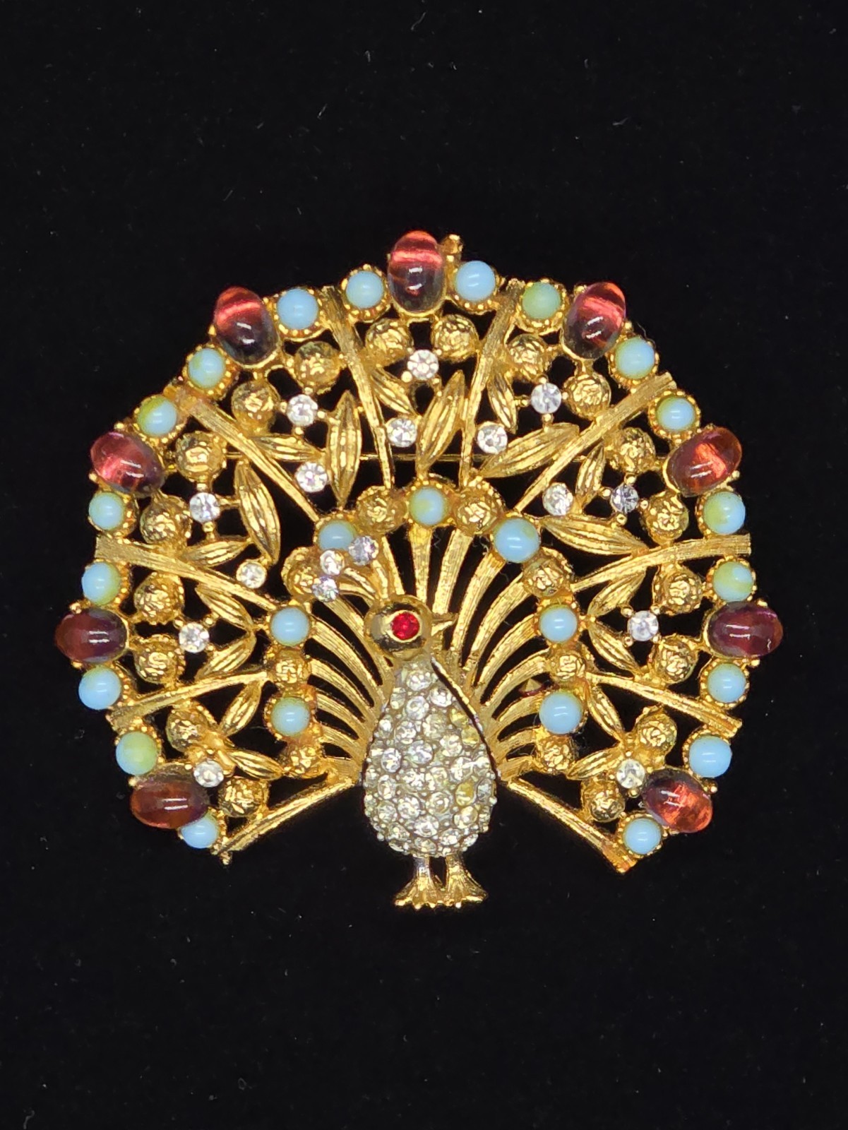 Vtg Signed Lisner Blue Purple Rhinestone Figural Peacock Gold Tone Brooch Pin