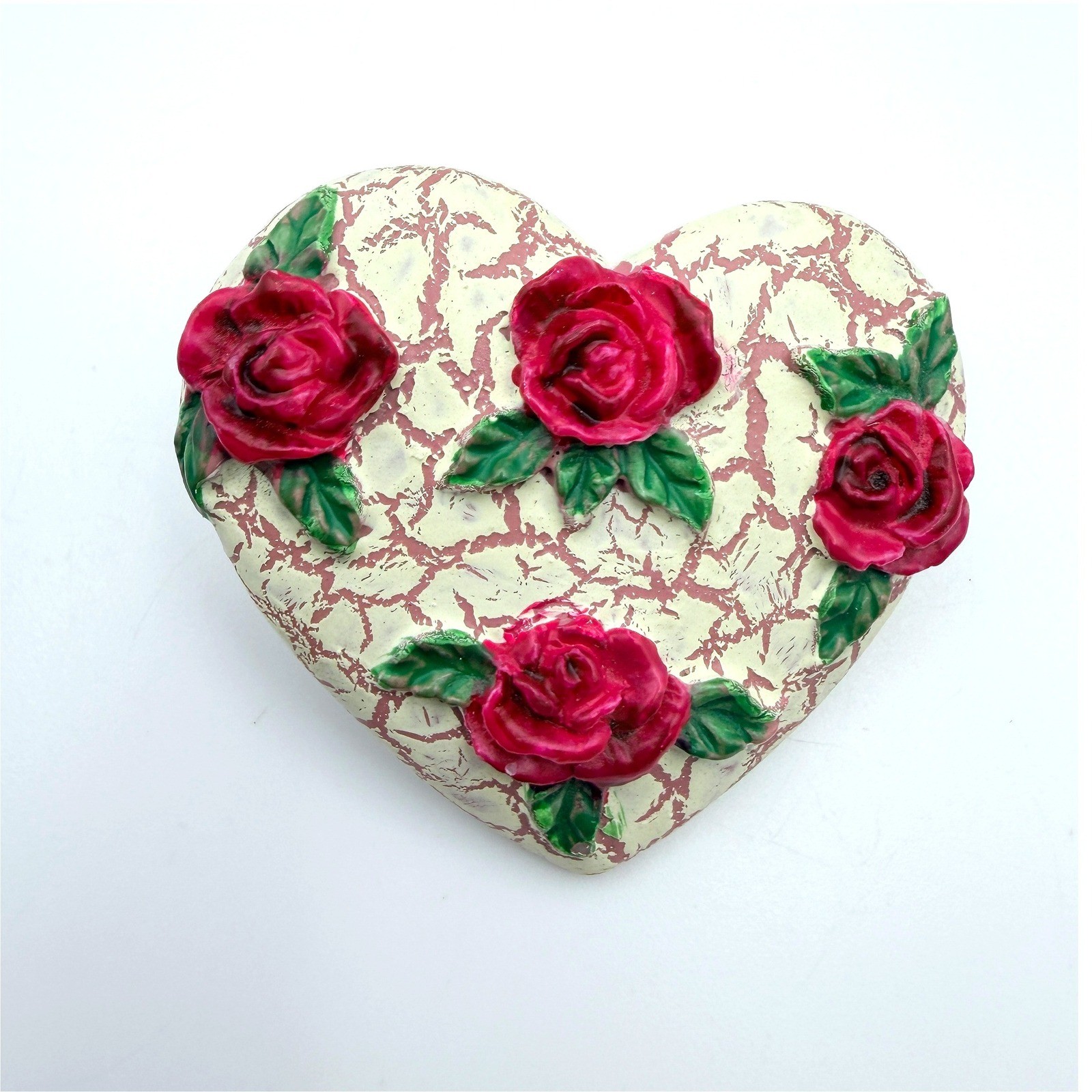 Vintage White Pink Painted Clay Heart Floral Love Beauty Lapel Pin Brooch