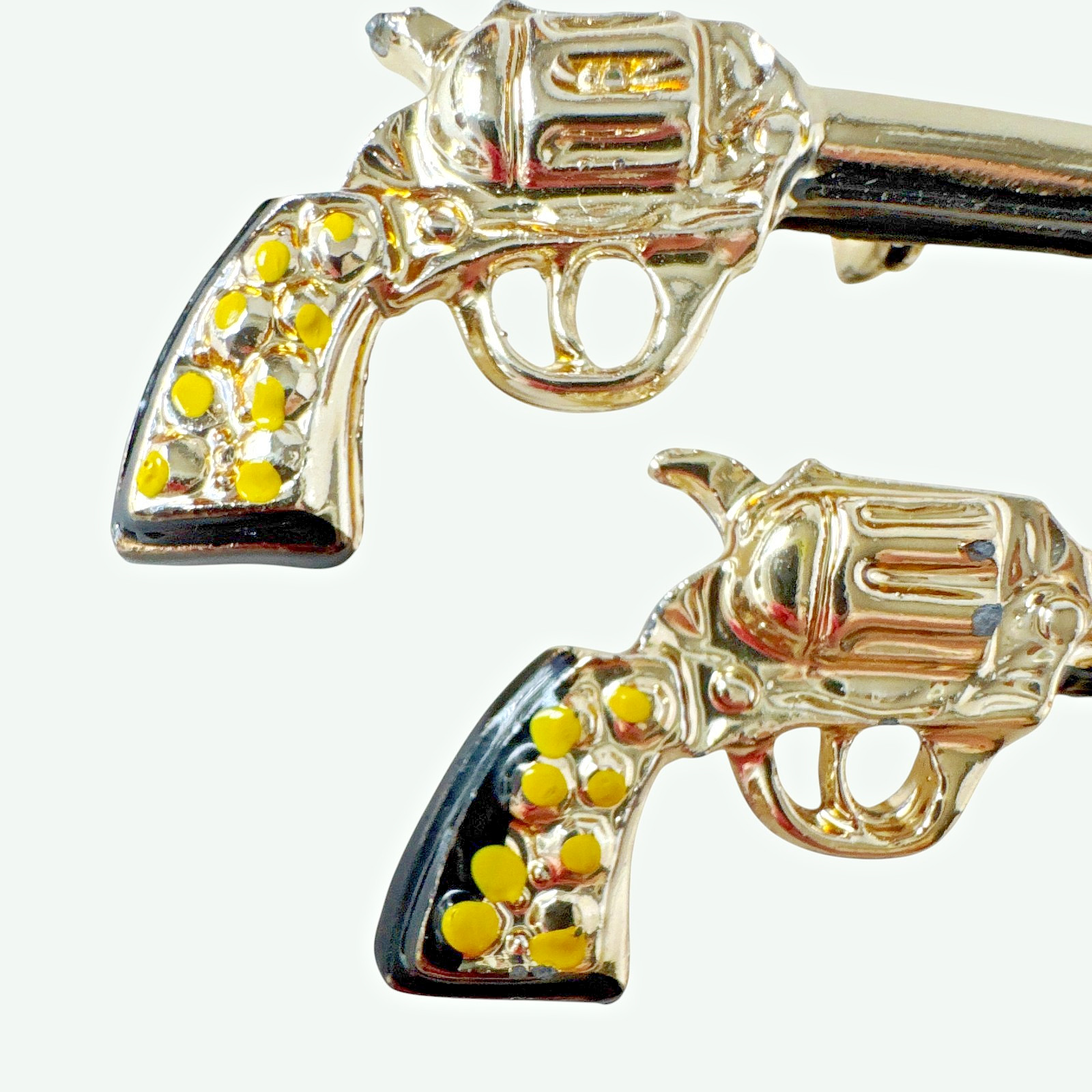 Pistol Handgun Brooch Pin Set of Two – Gold Tone & Enamel w/ Safety Clasps