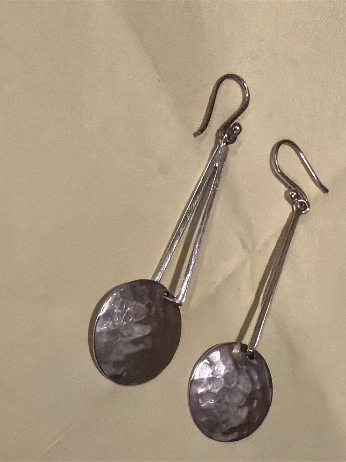 VTG Signed ATI Mexico 925 sterling silver hammered drop hoop Earrings Taxco 3”