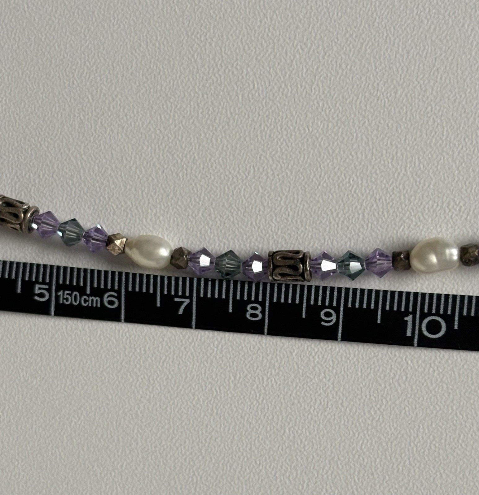 Vintage 925 Sterling Silver Teal and Purple Crystal, Pearl, Bead 7.25” Bracelet