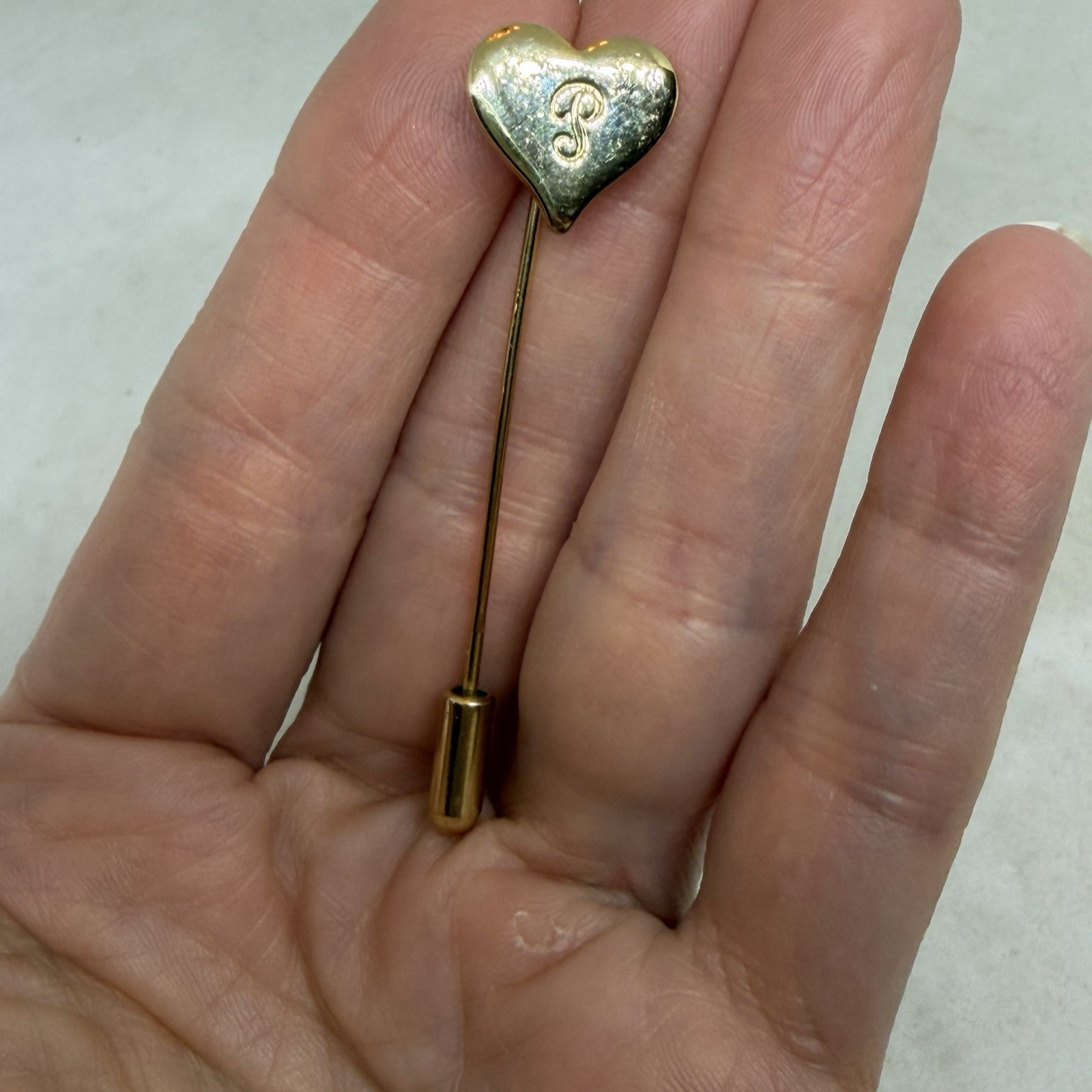 Vintage Engraved Letter P Heart Shaped Gold Tone Stick Pin 2-1/2″