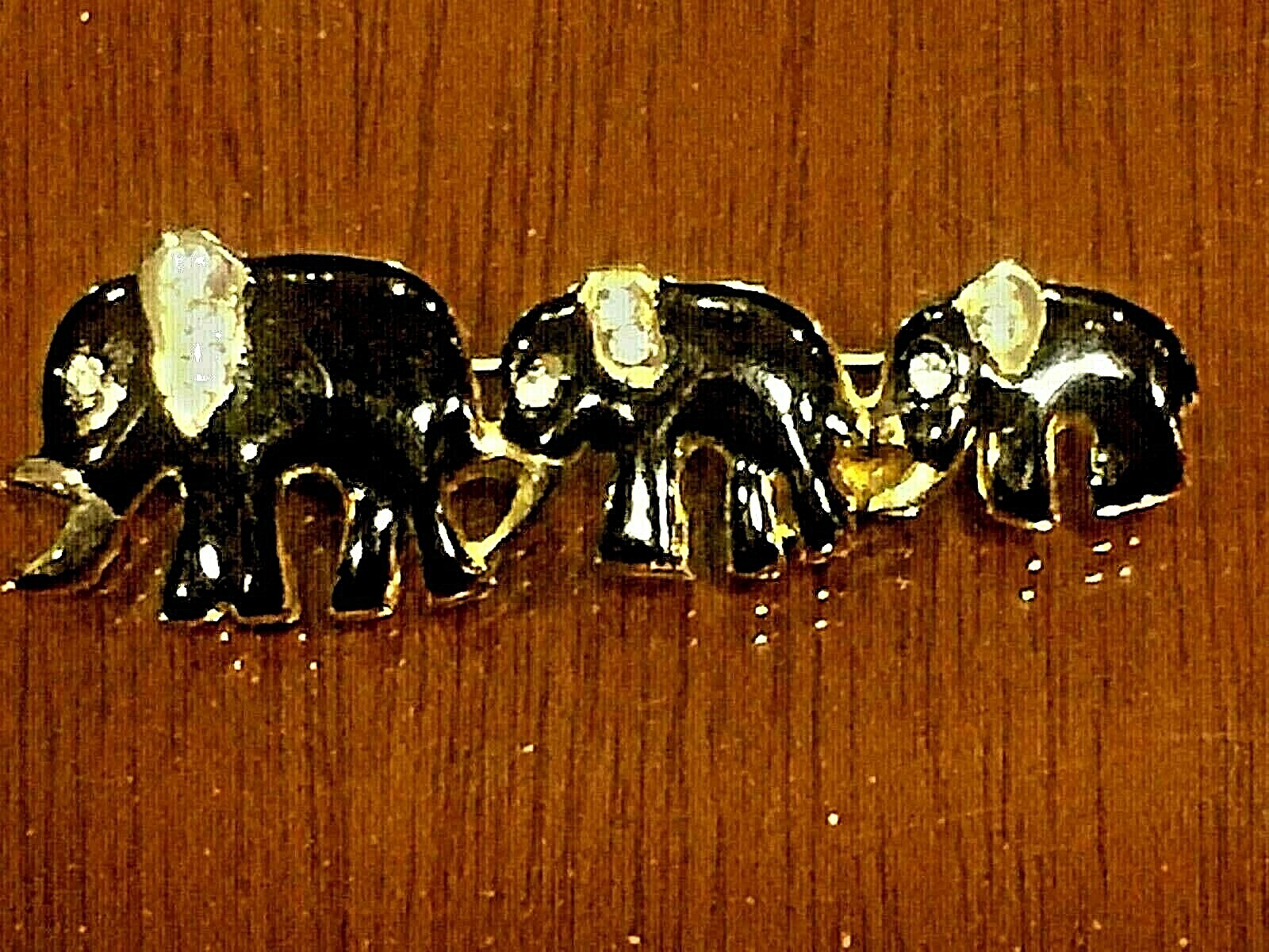 MARKED FASE OF LADY BROOCH PIN 3 ELEPHANT w/BLACK ENAMEL RINE STONES GOLDFILLED