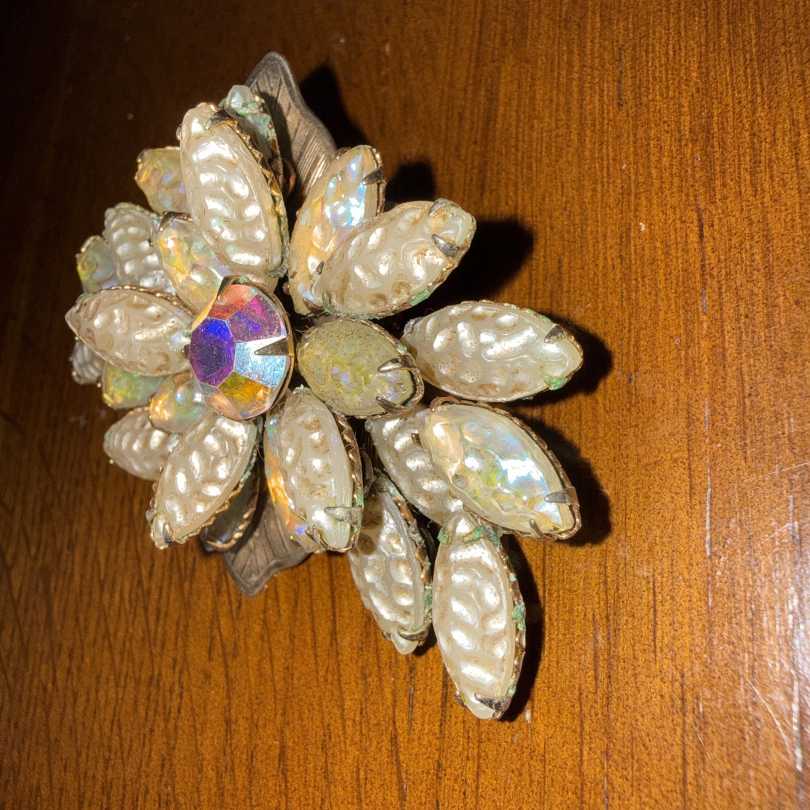 Vintage Iridescent Molded Glass Floral Brooch 1950s Amazing Glow. Czech Style