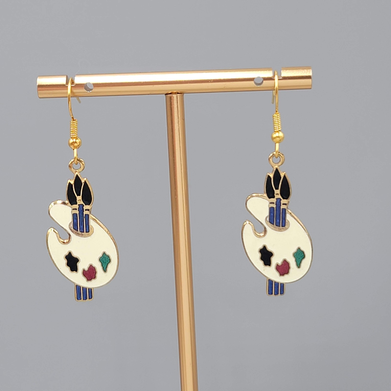 Vintage Artist Palette Cloisonne Enamel Pierced Earrings Gold tone Dangle 1.25″