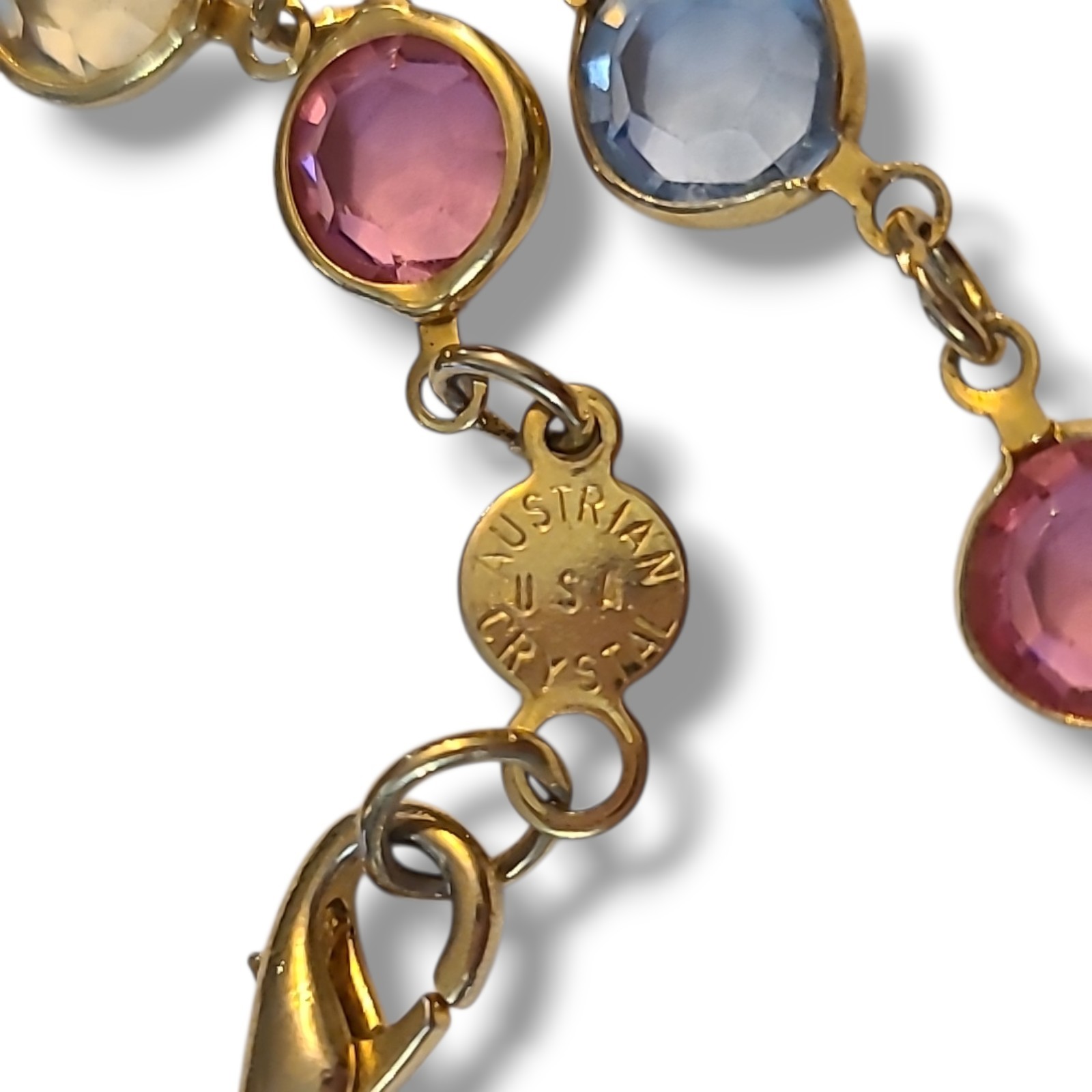 Austrian Crystal USA Vintage Necklace Multi-Color Open Bezel Gold Signed 34″