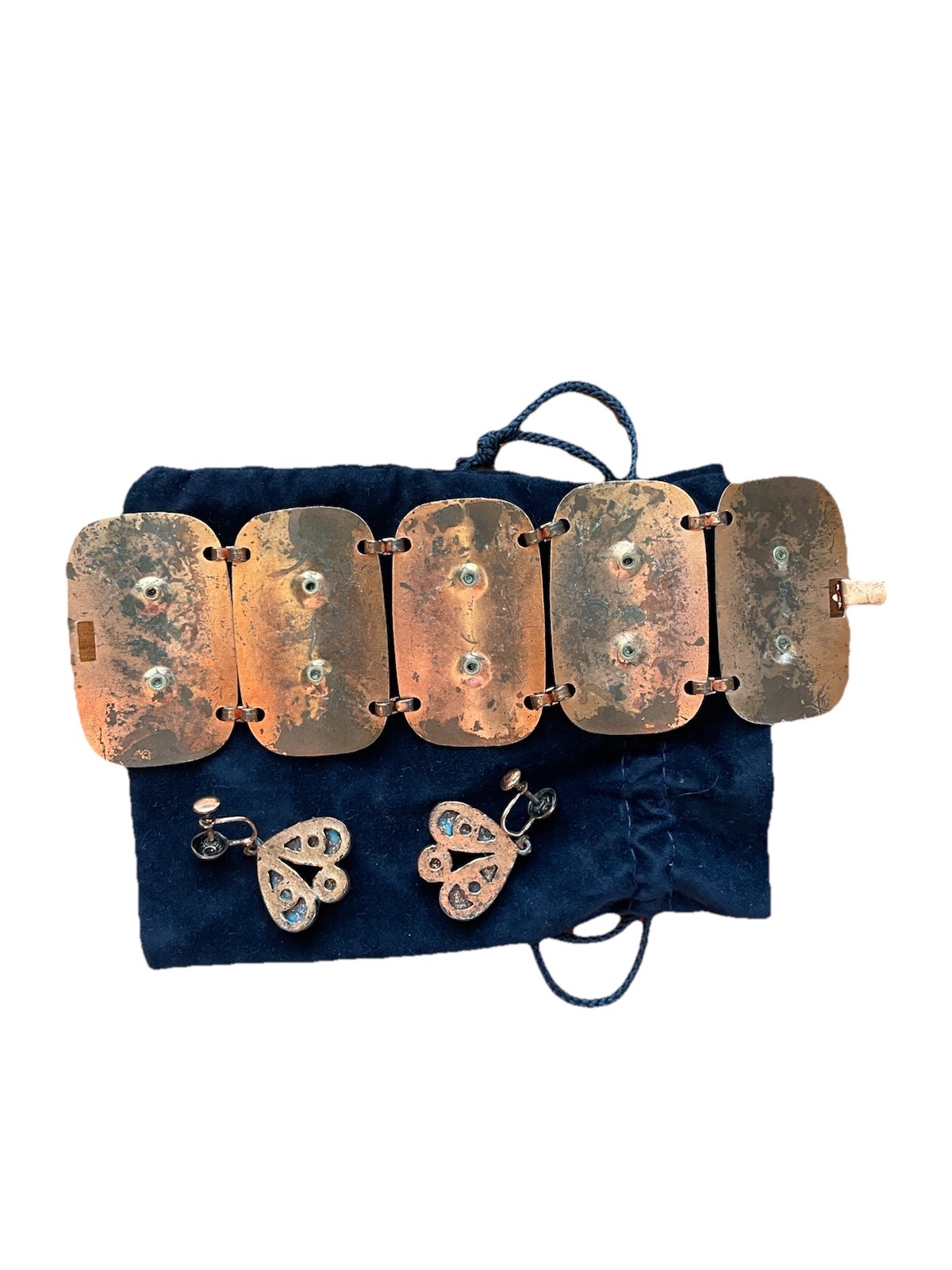 VTG 70’s Copper Bloodstone Hinged Bracelet w/ Floral Screw Back Earrings Boho