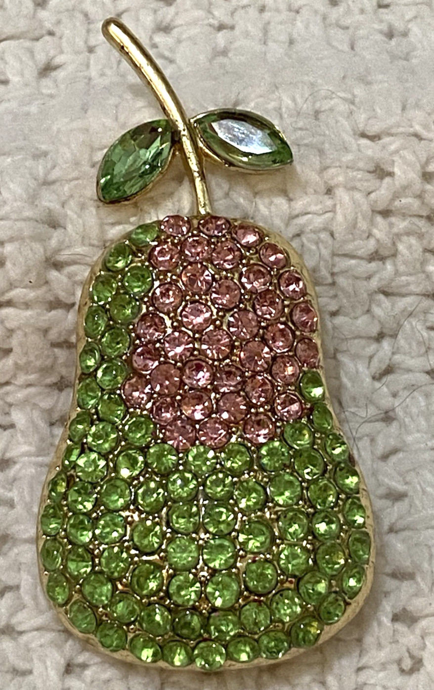 Vintage Pear Shape Pink And Green Rhinestone Gold Tone Brooch