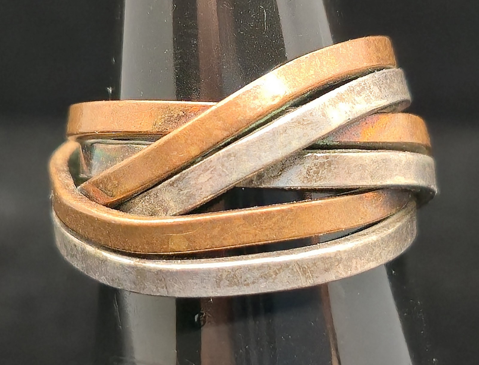 Vtg Signed Mexico Checkmark Artisan Sterling Silver Copper Mixed Metal Ring