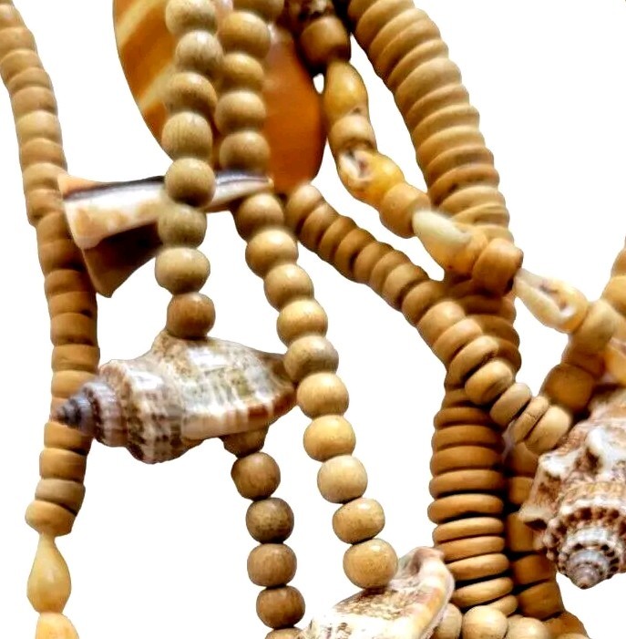 Sea Shell & Hand Carved Wood Bead Multi 7 Strand Necklace Unique Ocean Jewely