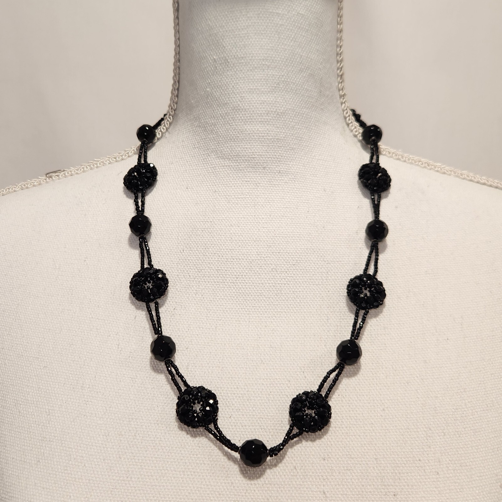 Elegant Black Beaded Statement Necklace Evening Formal Jewelry 24″