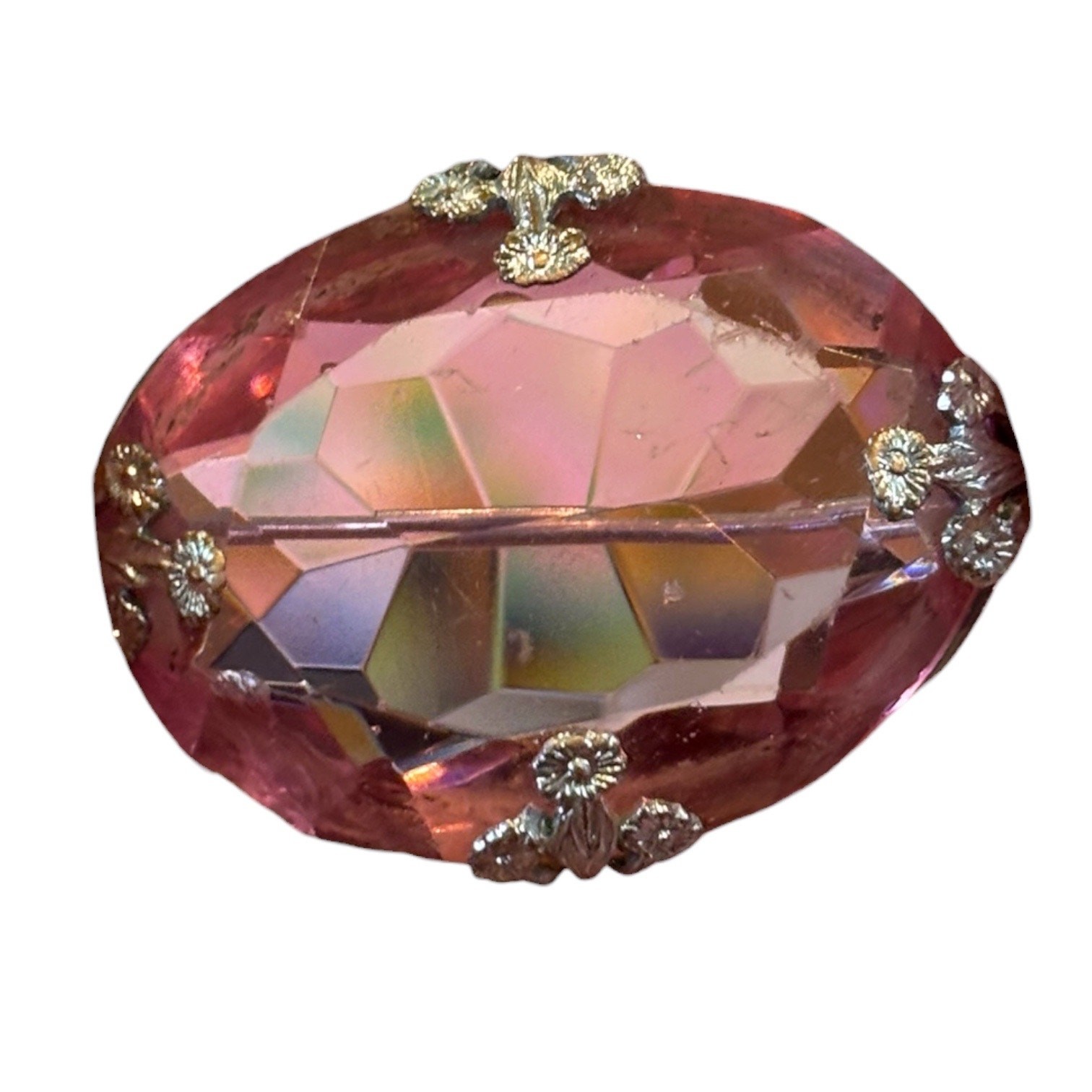 Vintage Pink Art Glass Brooch Faceted Crystal Cabochon Silver Tone Pin