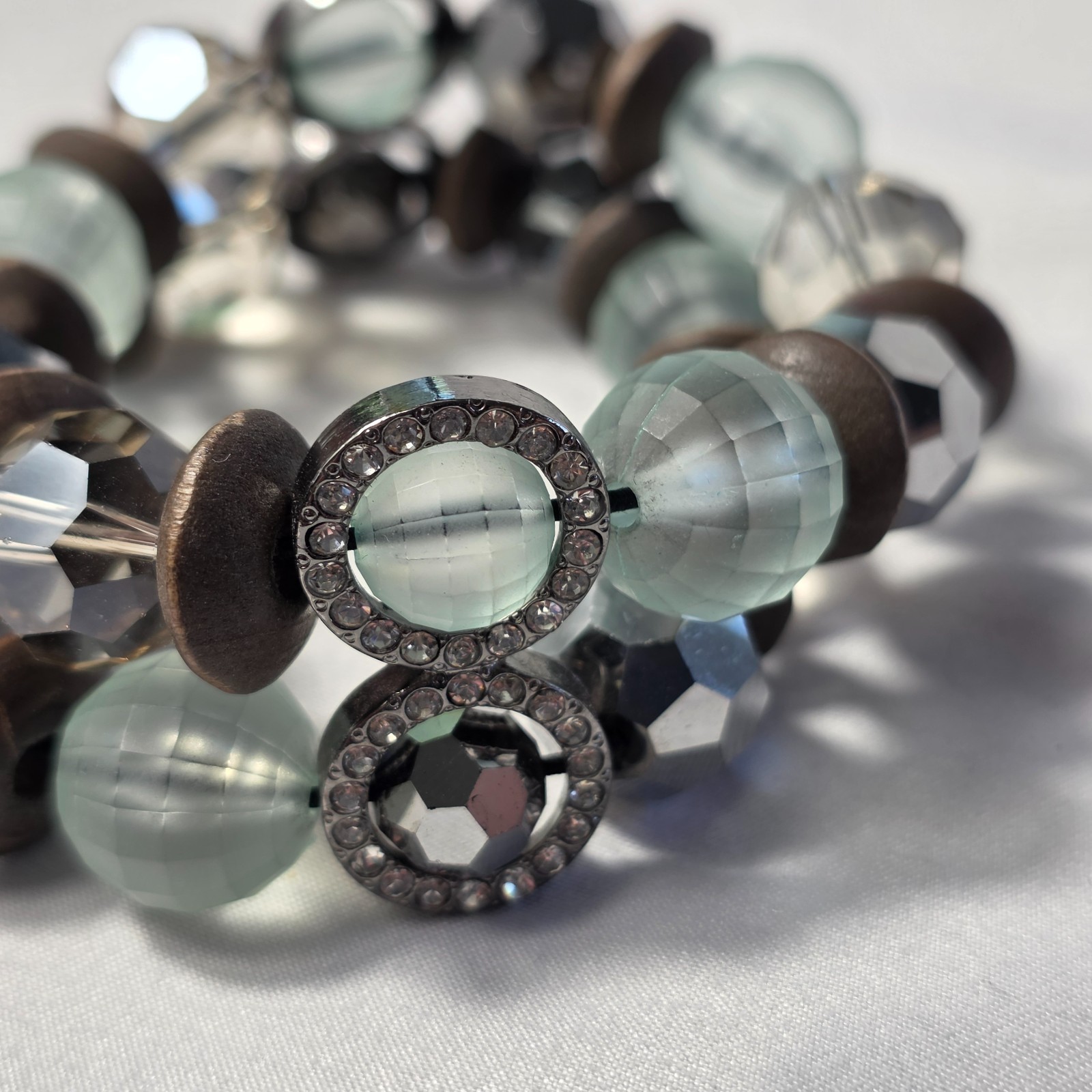 Multi-Layer Chunky Beaded Stretch Bracelet Pale Blue & Clear Faceted Beads