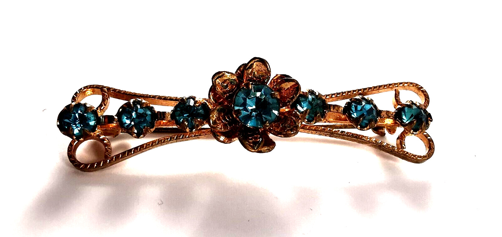Vintage Brooch Czech Flower Blue Light Glass Rhinestones Gilded Brass Hand Work