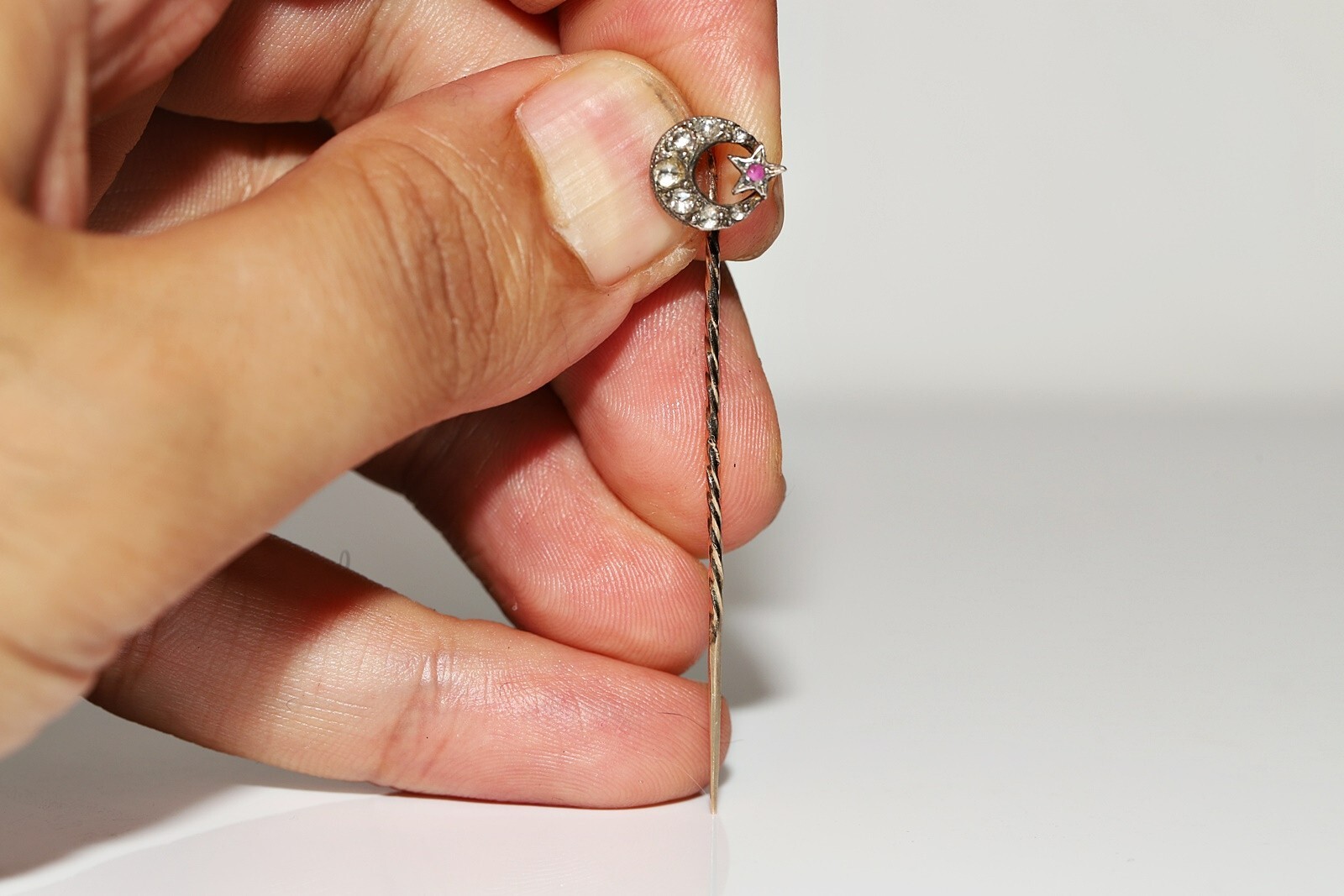 Antique 1900s Ottoman 10k Gold Natural Rose Cut Diamond Decorated Moon Brooch