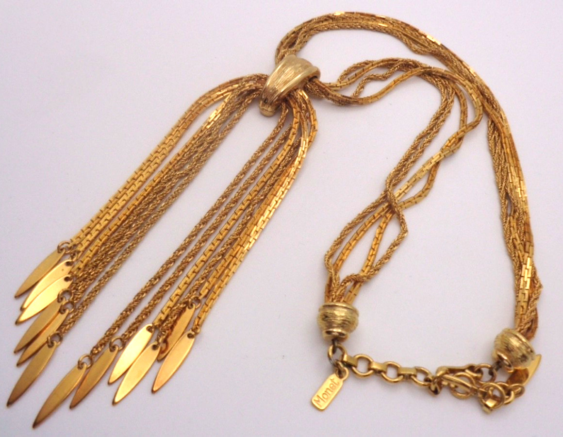 Vintage Monet Multi Strand Gold Tone with Chain Dangle Statement Choker Necklace