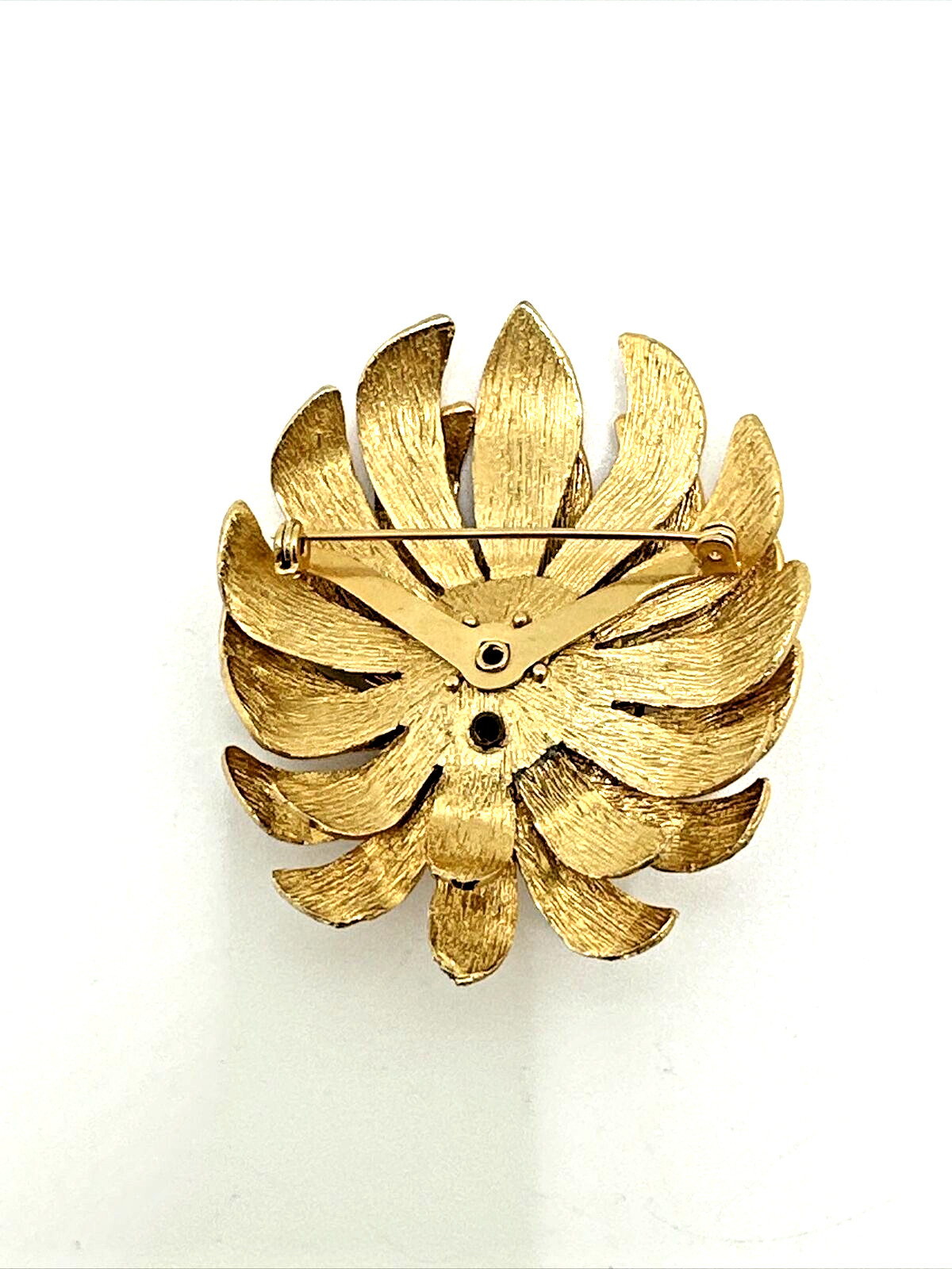 Vintage MCM 3D Layered Gold Tone Floral Flower Brooch Pin 2.5″ Amber Rhinestone