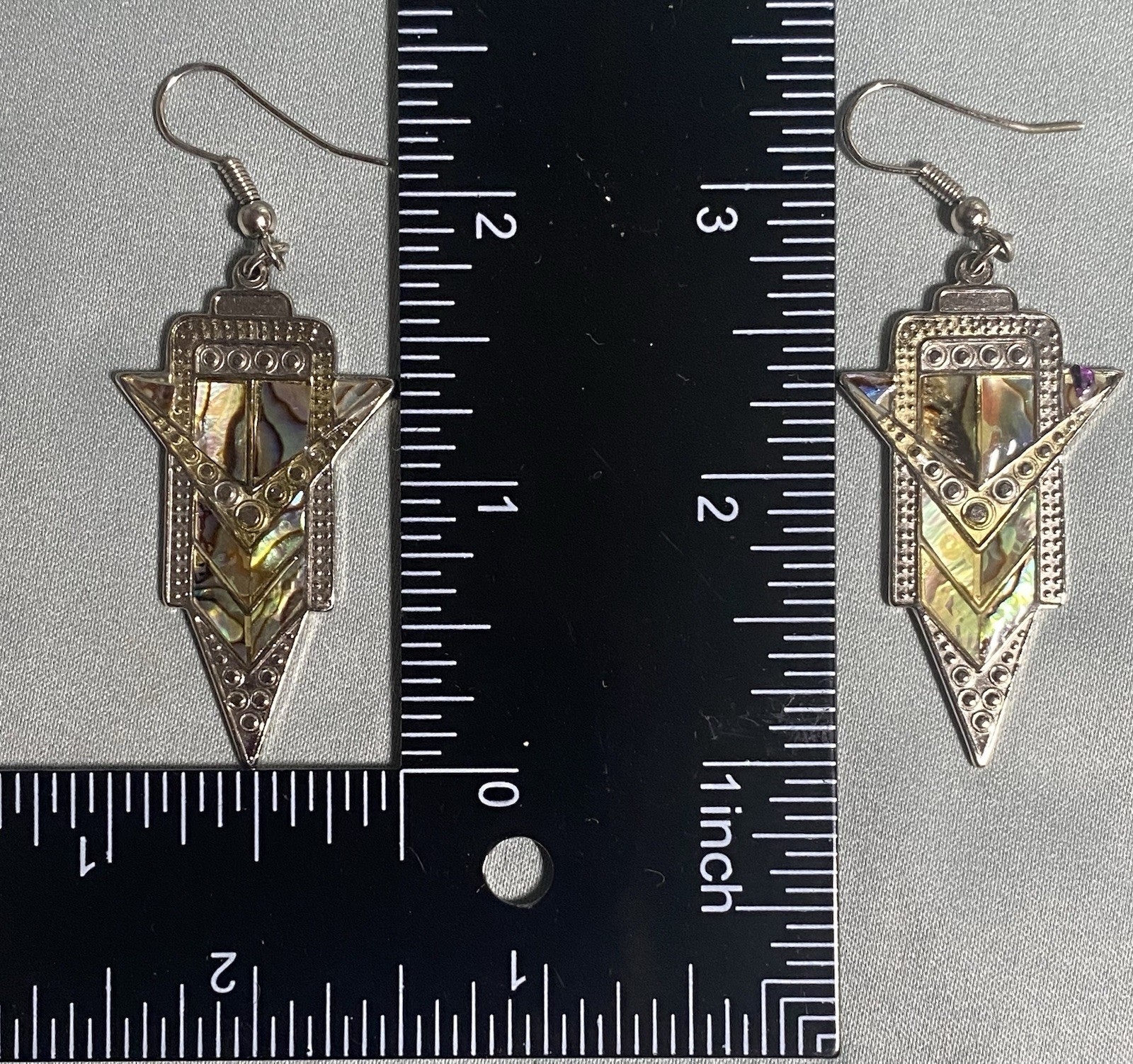 Art Deco Inlaid NZ Pāua Shell on Dangle Earrings 13g, Length Approximately 2”