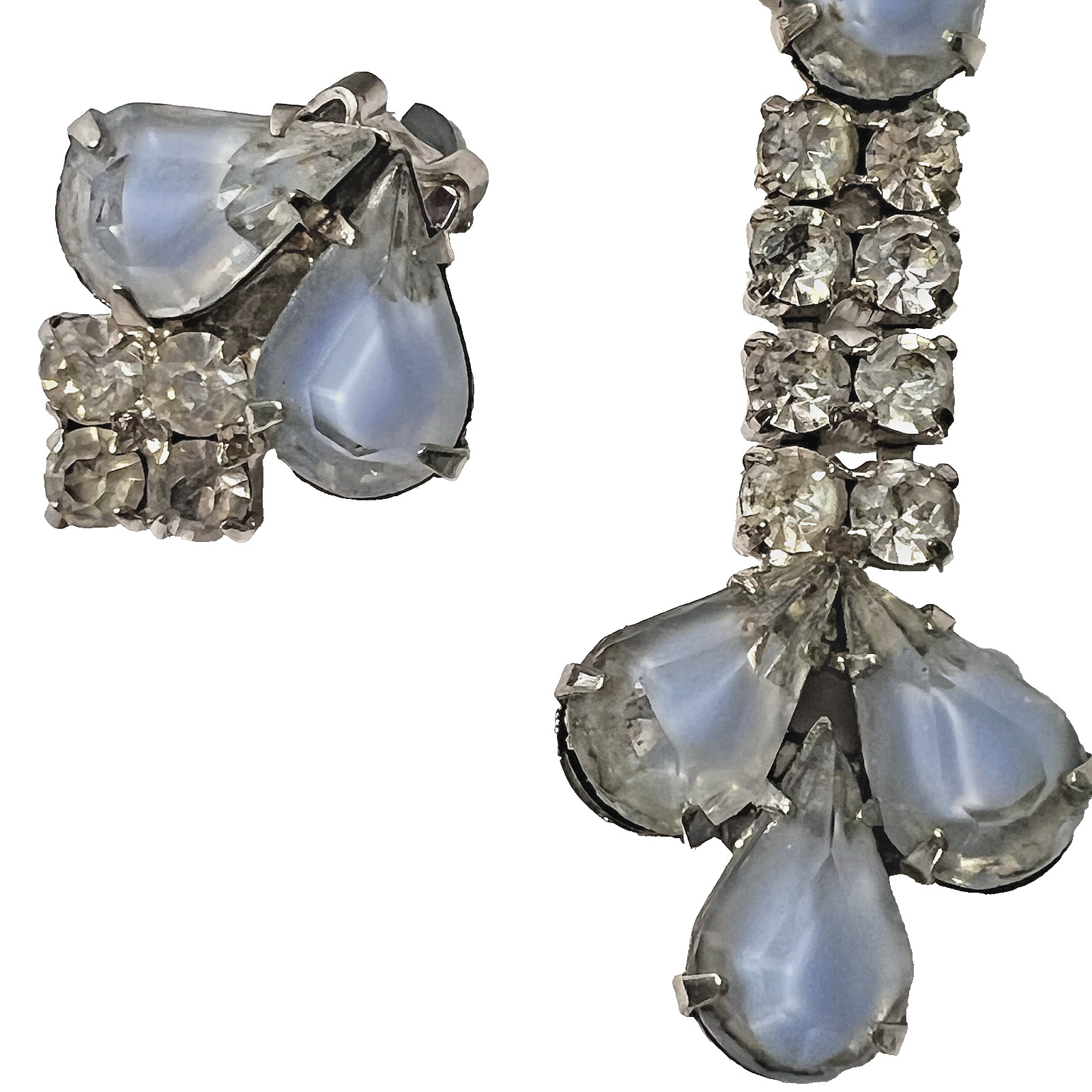 Lrg Vtg Blue Tones Rhinestone Dangle BROOCH w Earrings