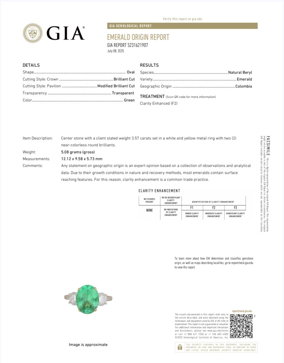 14k Two-tone Gold Engagement Ring 3.57ct.Natural Colombian Emerald Oval GIA CERT