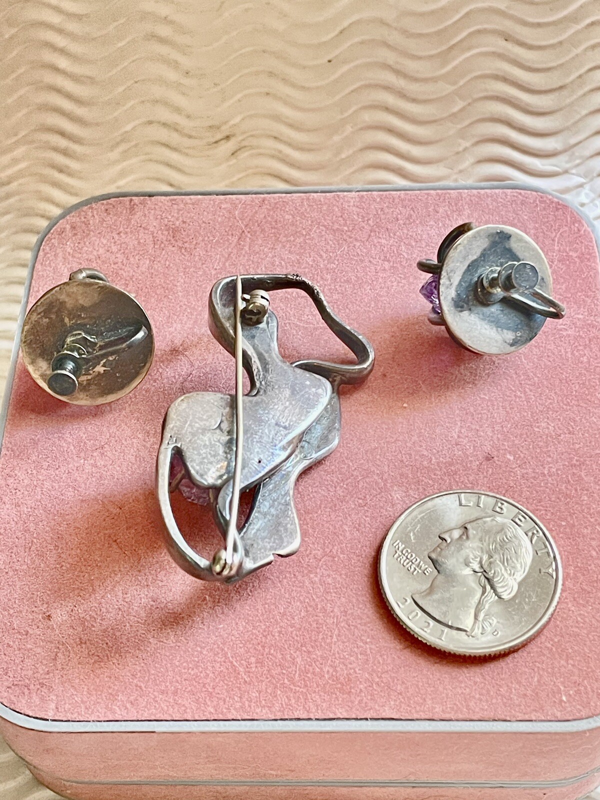 Vintage Taxco 980 early pre🦅 sterling silver Amethyst pin brooch & Earrings Set