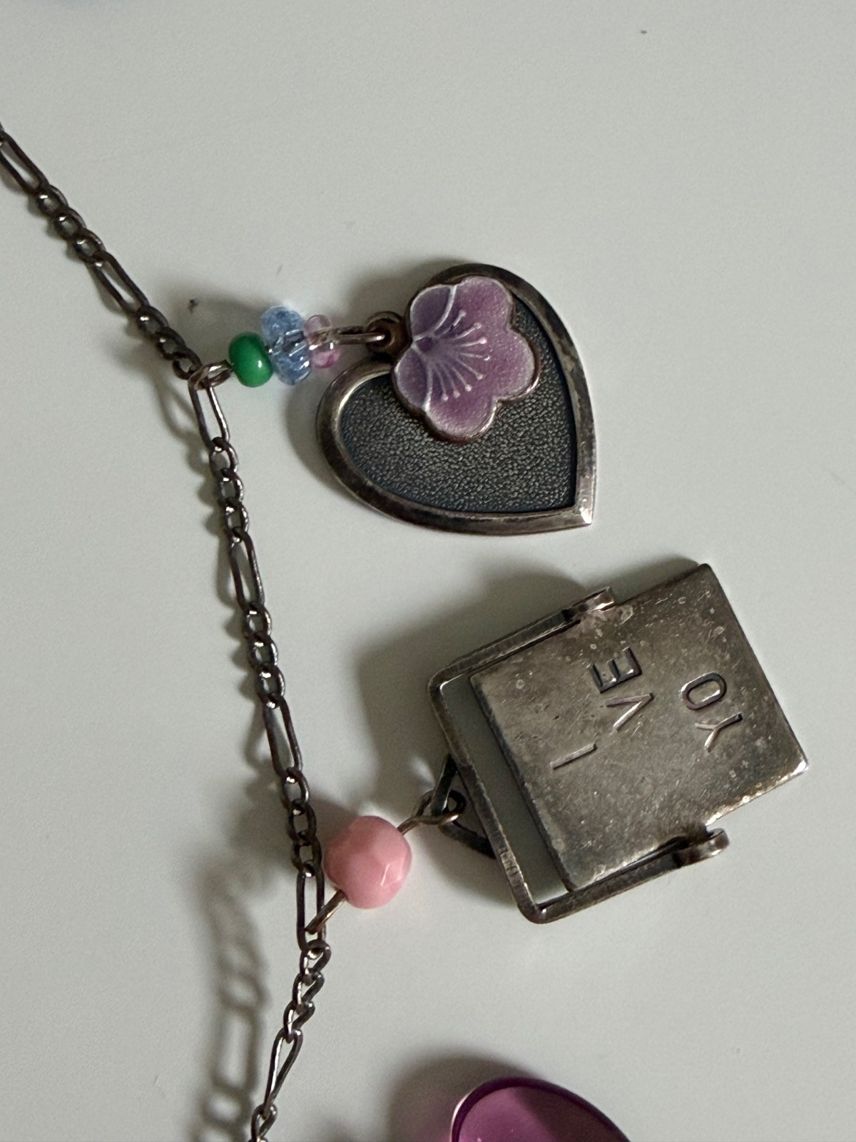 Vintage Glass Works Studio 32″ Multi Charm Necklace Love Me Spinner I Love You G