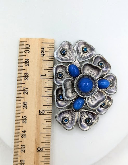 Vintage Brooch Dress Clip Art Deco Blue Cabochon Fur Clip Silver Tone