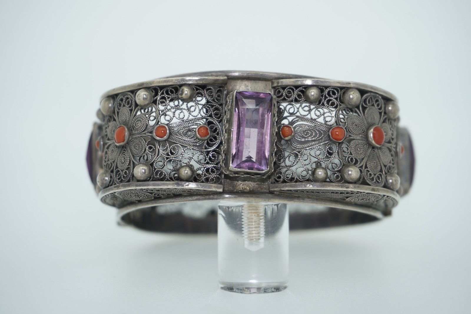 Vintage 800 Cannetille Coral & Amethyst Glass Bracelet