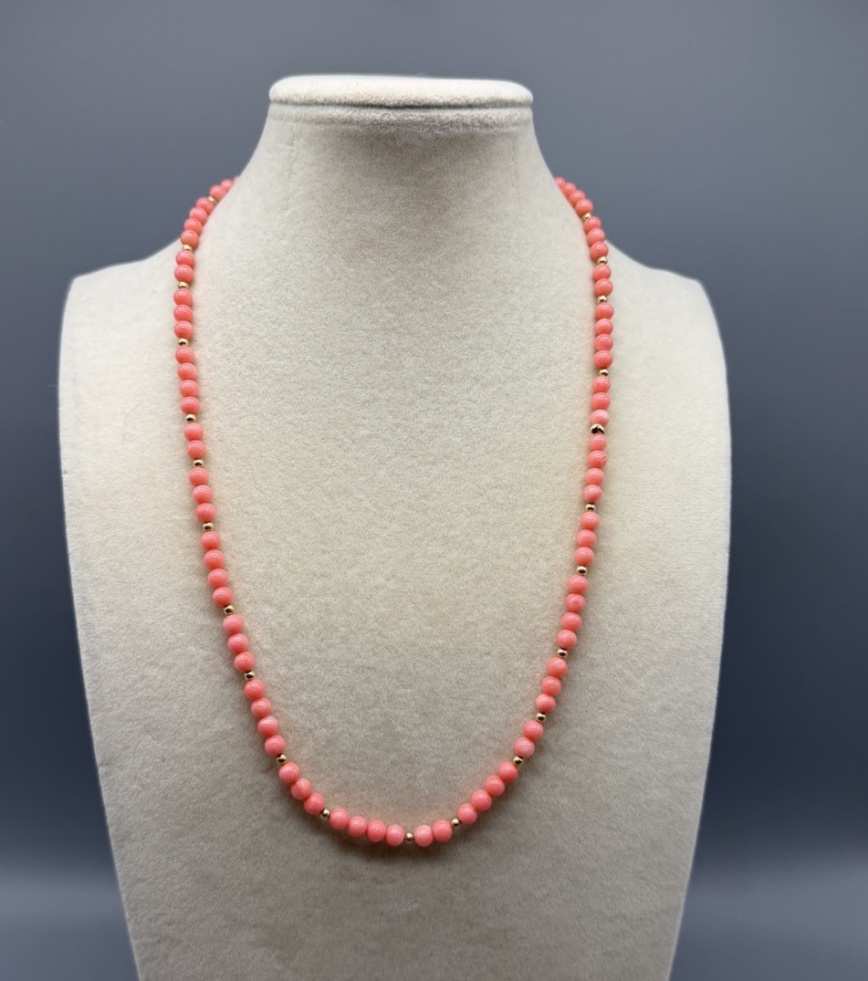 Vtg Gold Filled Natural Pink Salmon Coral Bead Beaded Necklace 21” 5mm Estate