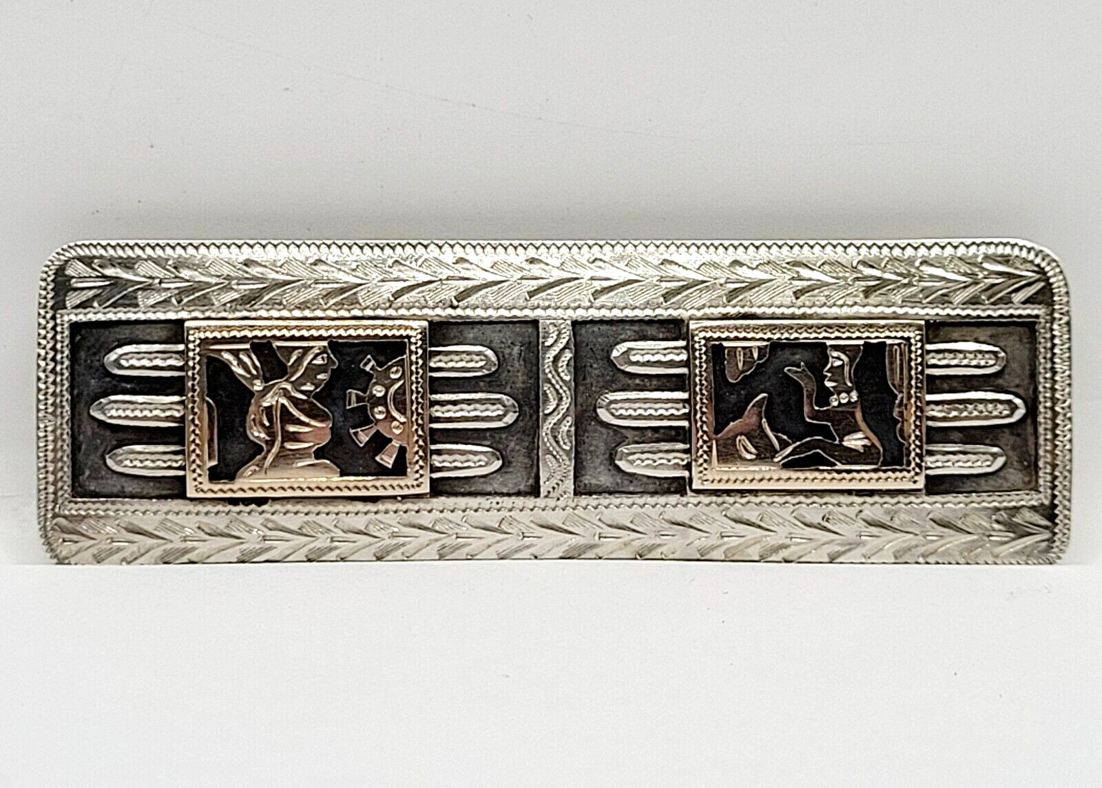 Guatemala Maya Mayan Relief Image Long Silver & Copper Tone Vintage Brooch Pin