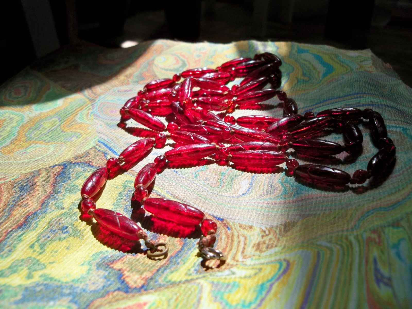 50″ NECKLACE ANTIQUE flapper ART DECO CZECH cranberry ruby red GLASS BEAD