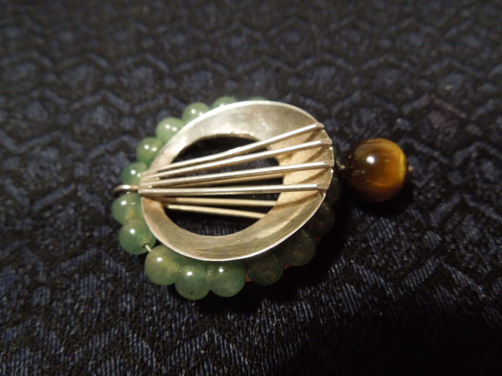 Vintage Rare Art Deco Sterling Silver Jade Tiger’s Eye Beaded Pendant