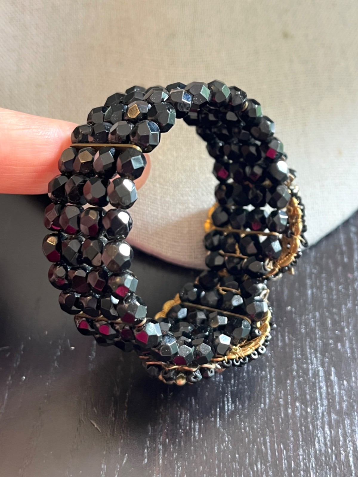 Beautiful Vintage Miriam Haskell Black Glass Bracelet Earrings Gold Pinecone