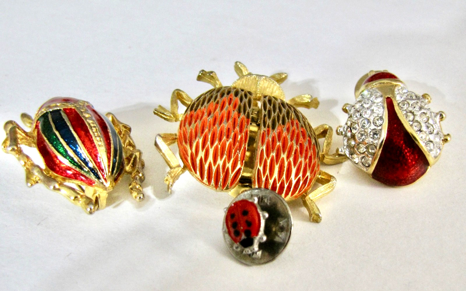 Vintage Enamel Beetle Pin Brooch Lot Gold Tone Lady Bug Flying Insect Rhinestone