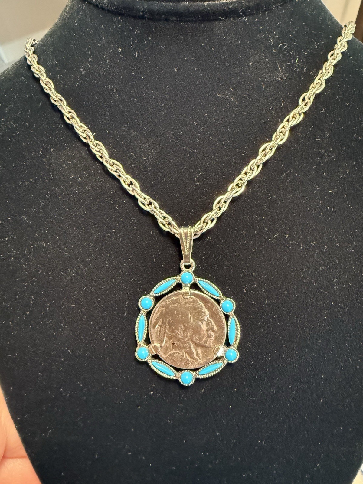 Vtg Indian Head Buffalo Nickel Coin Necklace Turquoise Accents 24″ + Feather 18″