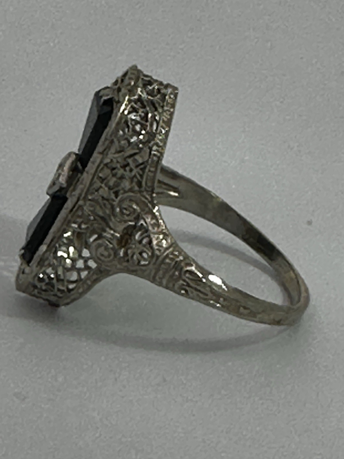 Vintage 14k White Gold Estate Onyx Diamond Ring Filigree Art Deco