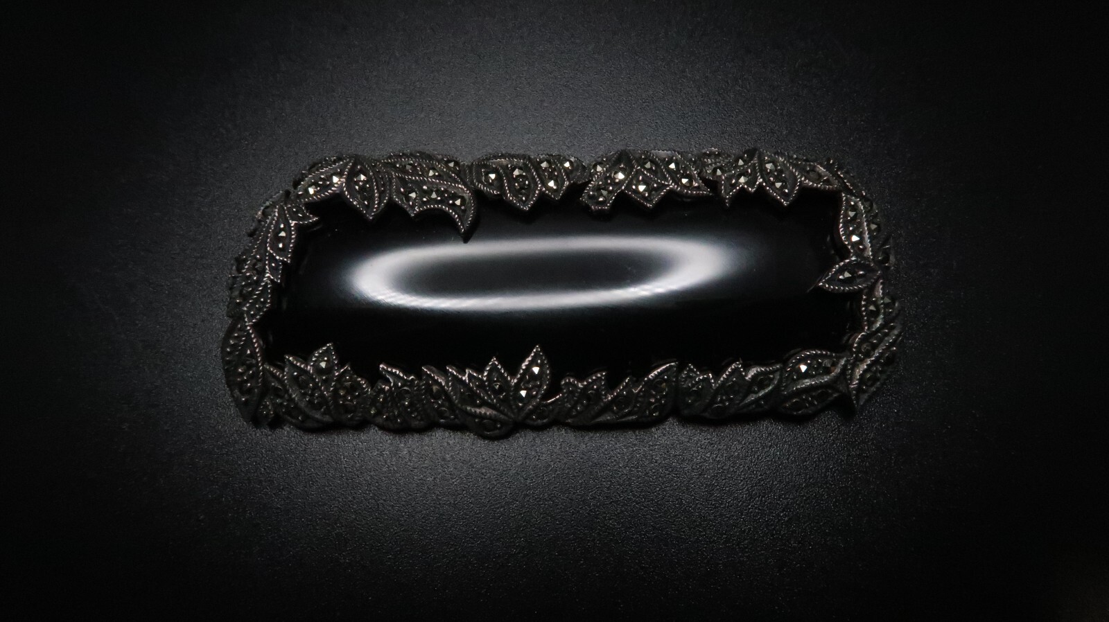 Huge Vintage Sterling Silver Onyx Marcasite Laurel Leaf Brooch 7.5cm BB1