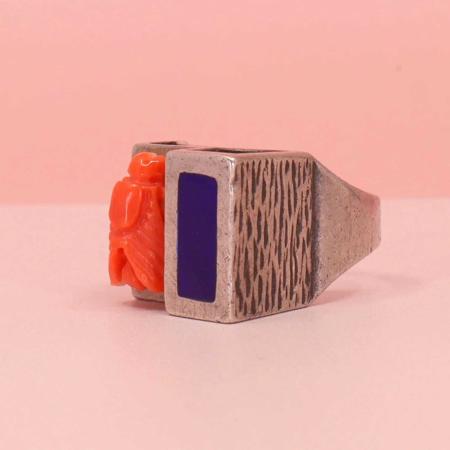 By Danilova, Japanese Satsuma Momo Coral 1.3cm Cameo, Silver Enamel Ring, Size L
