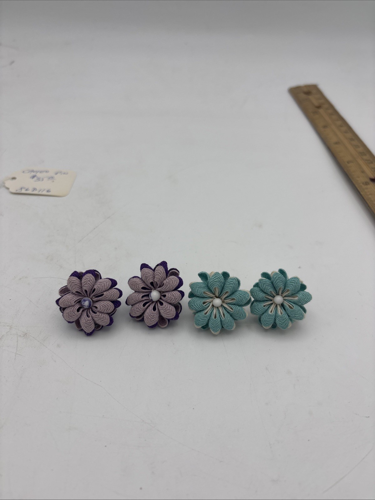 Vintage Earrings Blue & White Purple And White Ribbon Fabric Flower Screw Back