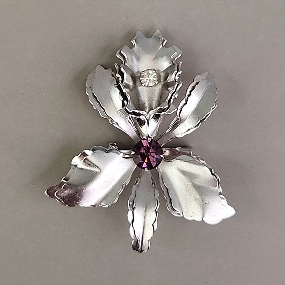 Vintage Flower Brooch Orchid Purple Rhinestone Silver Tone 2″