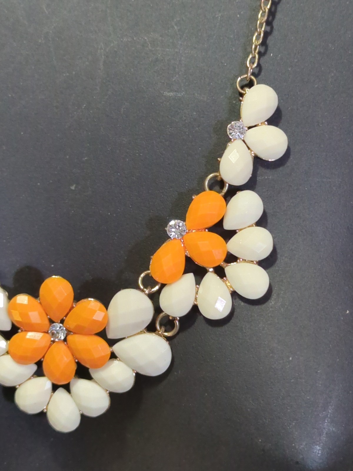 BIB Gold tone Orange & Cream with Rhinestones Scoop Necklace Vintage 70s