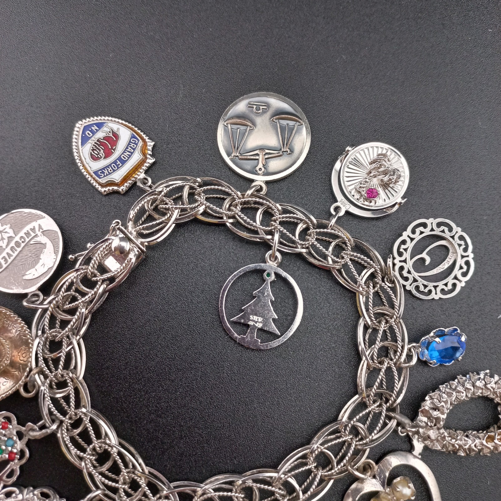 VTG Sterling Silver Charm Bracelet 44g 15 Charms Loaded Mother Travel 925 Heavy